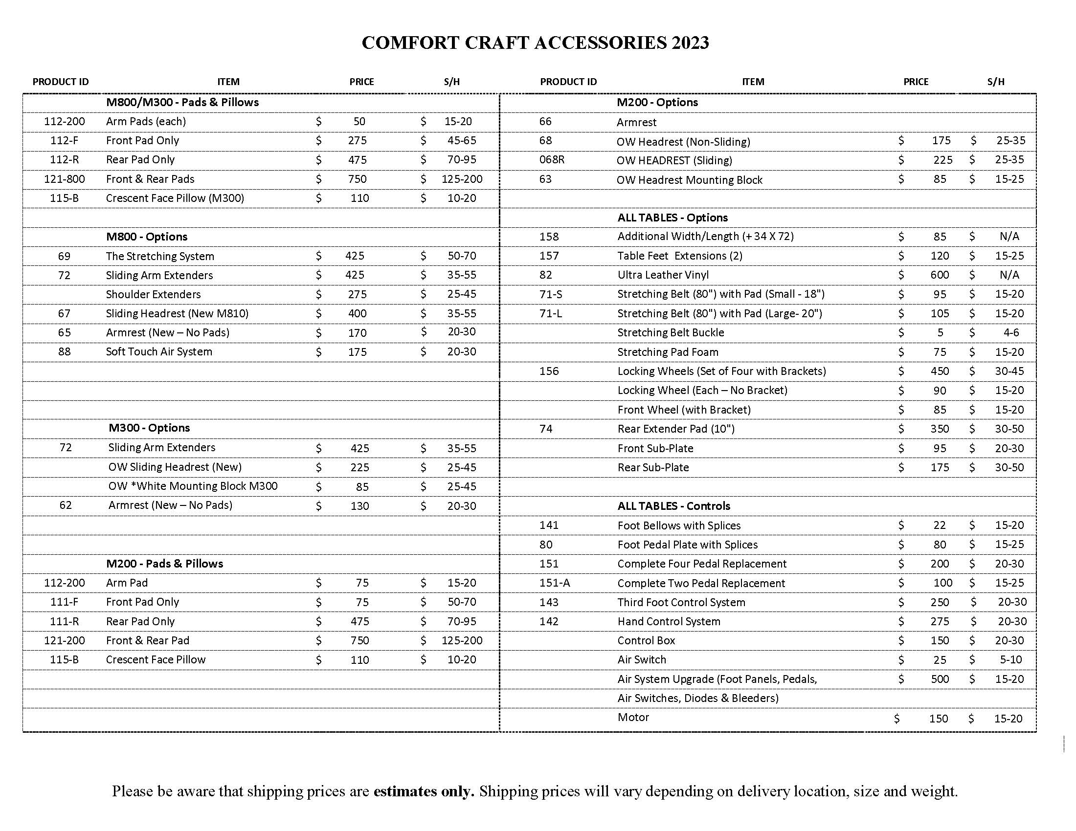 Pricing - Comfort Craft Leader in Bodywork Table Technology