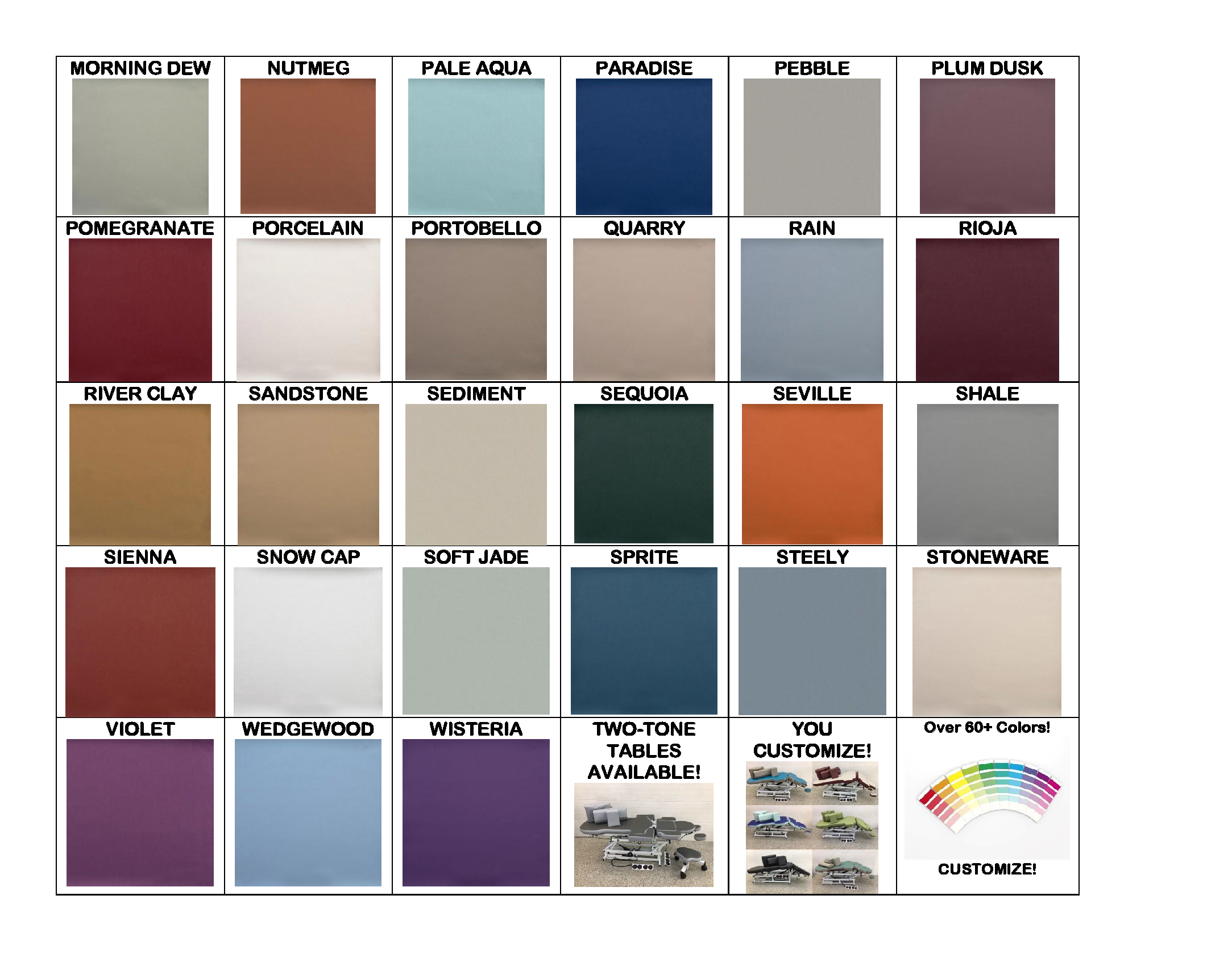 Color Chart - Comfort Craft Leader in Bodywork Table Technology